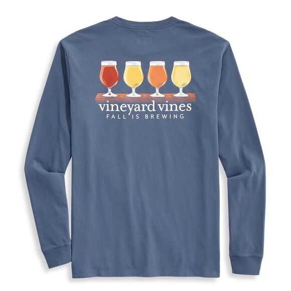 Vineyard Vines Men’s Blue Fall Is Brewing Long-Sleeve Pocket Tee - Picture 1 of 7